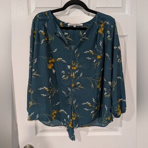 Collective Concepts Teal Floral Tie-Front Long Sleeve Blouse in Size XL